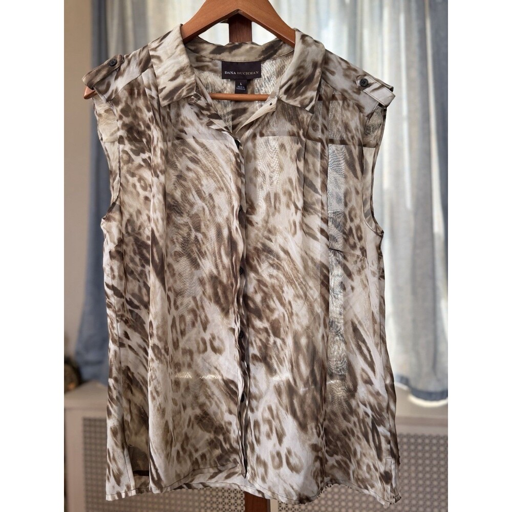 Dana Buchman Women L Sleeveless Button Down Blouse Animal Print Abstract Sheer